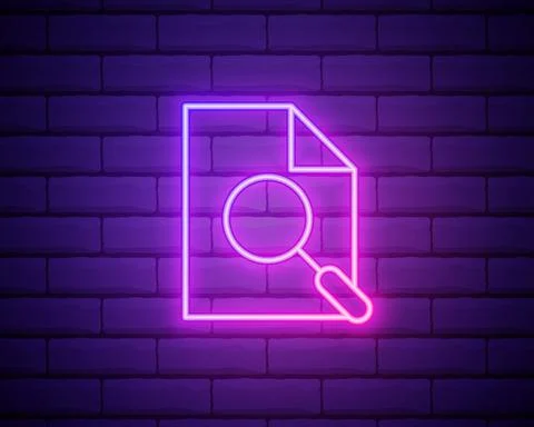 Glowing neon line Document with search icon isolated on brick wall background Stock Illustration