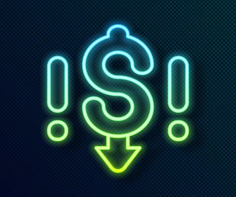 Glowing neon line Dollar rate decrease icon isolated on black background. Cost Stock Illustration