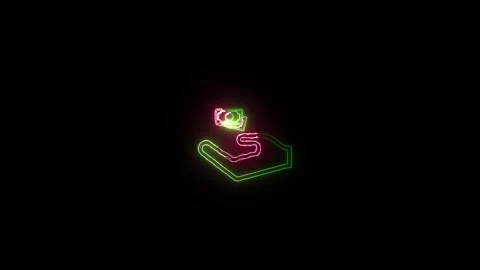 Glowing neon line Donation hand with money icon isolated on black background. Stock Footage 306558107