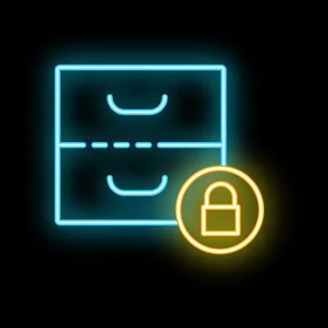 Glowing neon line drawer with safe icon isolated on black background. Securit Stock Illustration