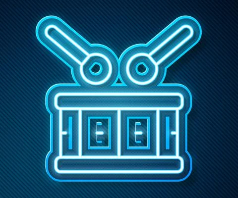 Glowing neon line Drum with drum sticks icon isolated on blue background. Music イラスト素材