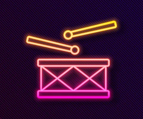 Glowing neon line Drum with drum sticks icon isolated on black background. Music イラスト素材