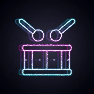 Glowing neon line Drum with drum sticks icon isolated on black background. Music イラスト素材