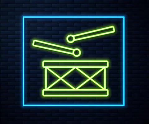 Glowing neon line Drum with drum sticks icon isolated on brick wall background イラスト素材