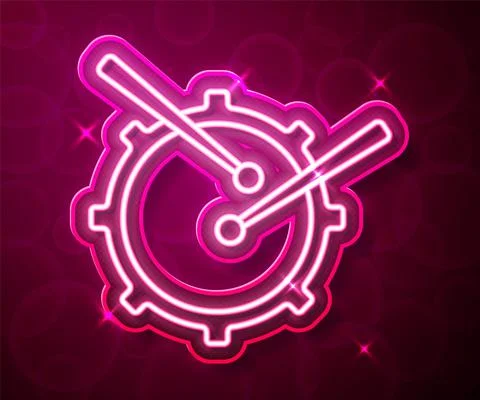 Glowing neon line Drum with drum sticks icon isolated on red background. Music イラスト素材