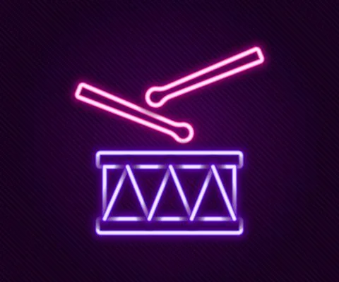 Glowing neon line Drum with drum sticks icon isolated on black background. Music イラスト素材
