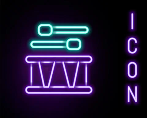 Glowing neon line Drum with drum sticks icon isolated on black background. Music イラスト素材