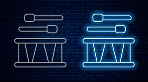 Glowing neon line Drum with drum sticks icon isolated on brick wall background イラスト素材