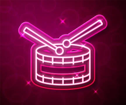 Glowing neon line Drum with drum sticks icon isolated on red background. Music イラスト素材