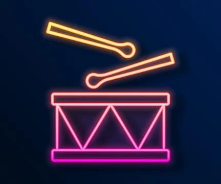 Glowing neon line Drum with drum sticks icon isolated on black background. .. イラスト素材