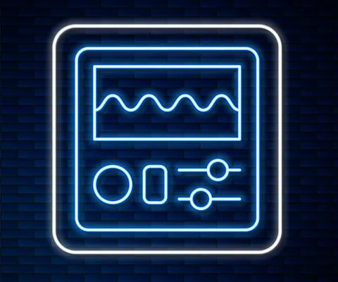 Glowing neon line Drum machine icon isolated on brick wall background. Musical Illustrazione stock