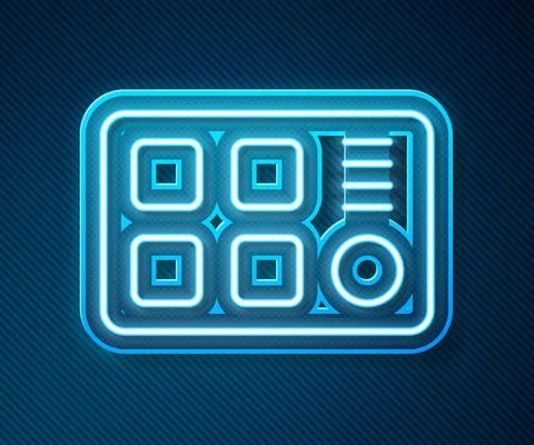 Glowing neon line Drum machine icon isolated on blue background. Musical Illustrazione stock