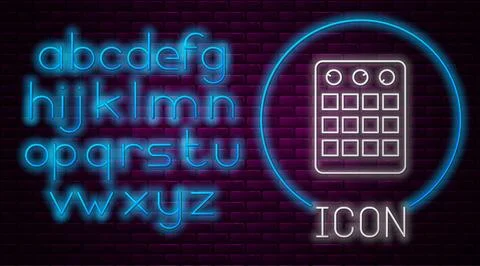 Glowing neon line Drum machine icon isolated on brick wall background. Musica Illustrazione stock