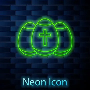 Glowing neon line Easter egg icon isolated on brick wall background. Happy Stock Illustration