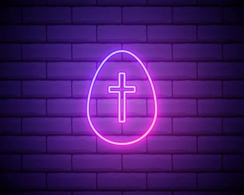 Glowing neon line Easter egg icon isolated on brick wall background. Happy Ea Stock Illustration