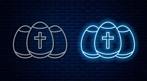 Glowing neon line Easter egg icon isolated on brick wall background. Happy Ilustración de archivo