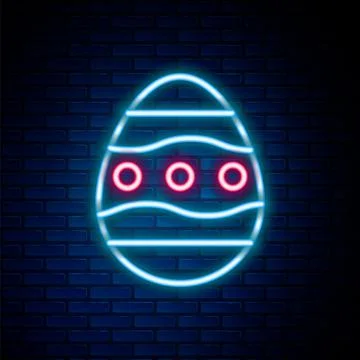 Glowing neon line Easter egg icon isolated on brick wall background. Happy Stock Illustration