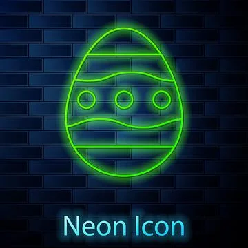 Glowing neon line Easter egg icon isolated on brick wall background. Happy Ea Stock Illustration