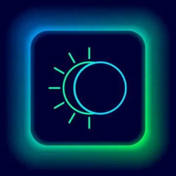 Glowing neon line Eclipse of the sun icon isolated on black background. Total Ilustração Stock