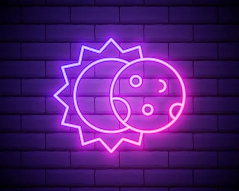 Glowing neon line Eclipse of the sun icon isolated on brick wall background.  Stock Illustration