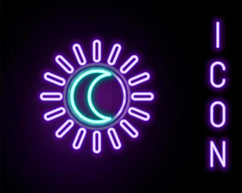 Glowing neon line Eclipse of the sun icon isolated on black background. Total Ilustração Stock