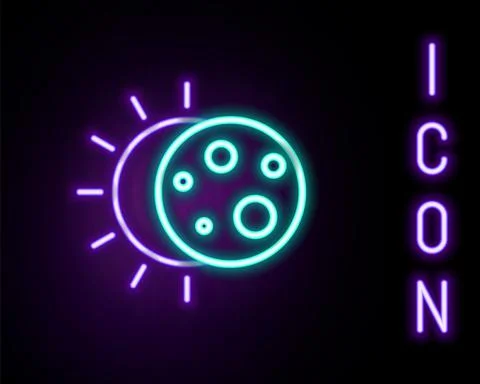 Glowing neon line Eclipse of the sun icon isolated on black background. Total Stock Illustration