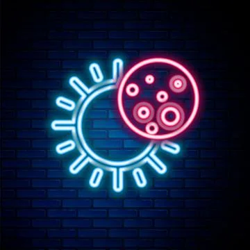 Glowing neon line Eclipse of the sun icon isolated on brick wall background Illustrazione stock