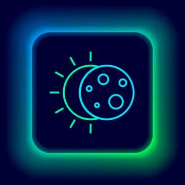 Glowing neon line Eclipse of the sun icon isolated on black background. Total Ilustração Stock