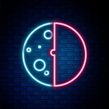 Glowing neon line Eclipse of the sun icon isolated on brick wall background Stock Illustration