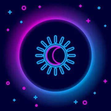 Glowing neon line Eclipse of the sun icon isolated on black background. Total Illustrazione stock