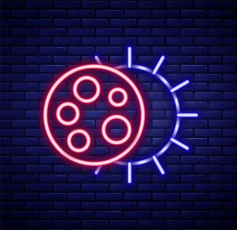 Glowing neon line Eclipse of the sun icon isolated on brick wall background 库存插图