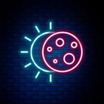 Glowing neon line Eclipse of the sun icon isolated on brick wall background Illustrazione stock