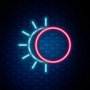 Glowing neon line Eclipse of the sun icon isolated on brick wall background Illustrazione stock