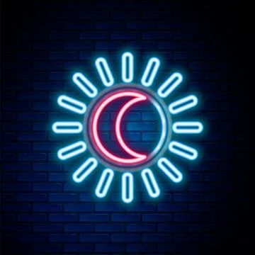 Glowing neon line Eclipse of the sun icon isolated on brick wall background.. Stock Illustration