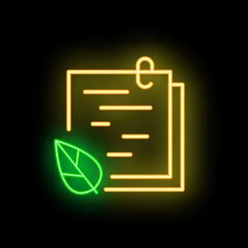 Glowing neon line eco document with leaf on black background icon illustratio Stock Illustration