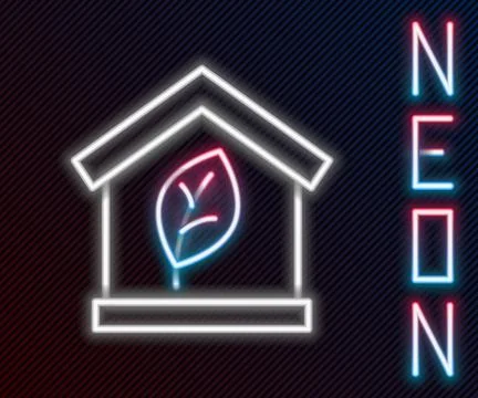 Glowing neon line Eco friendly house icon isolated on black background. Eco Ilustración de archivo