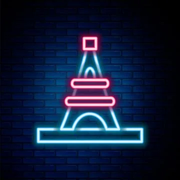 Glowing neon line Eiffel tower icon isolated on brick wall background. France Stock-Illustration