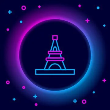 Glowing neon line Eiffel tower icon isolated on black background. France Paris Illustrazione stock