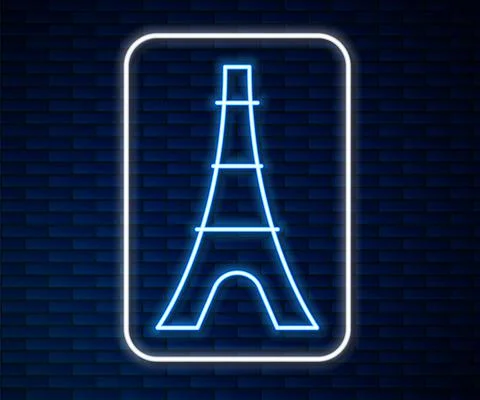 Glowing neon line Eiffel tower icon isolated on brick wall background. France Illustrazione stock