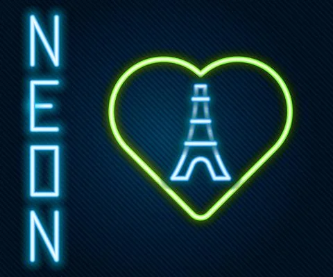 Glowing neon line Eiffel tower with heart icon isolated on black background Illustrazione stock