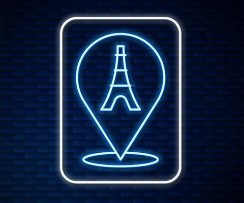 Glowing neon line Eiffel tower icon isolated on brick wall background. France Stock-Illustration