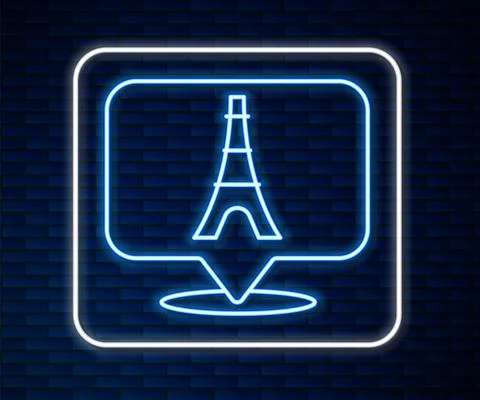 Glowing neon line Eiffel tower icon isolated on brick wall background. France 스톡 일러스트