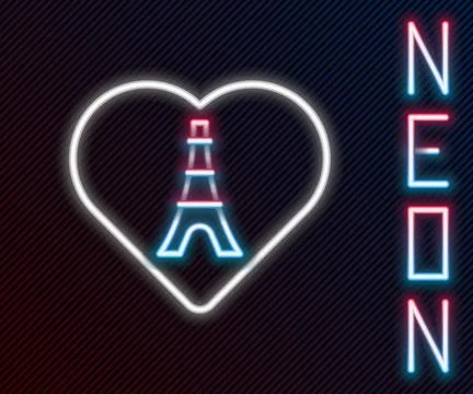 Glowing neon line Eiffel tower with heart icon isolated on black background Stock Illustration