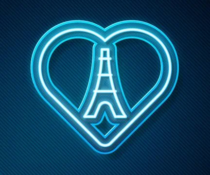 Glowing neon line Eiffel tower with heart icon isolated on blue background 스톡 일러스트