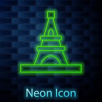 Glowing neon line Eiffel tower icon isolated on brick wall background. Fran.. Stock Illustration