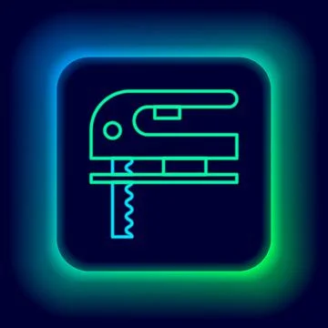 Glowing neon line Electric jigsaw with steel sharp blade icon isolated on black Illustrazione stock