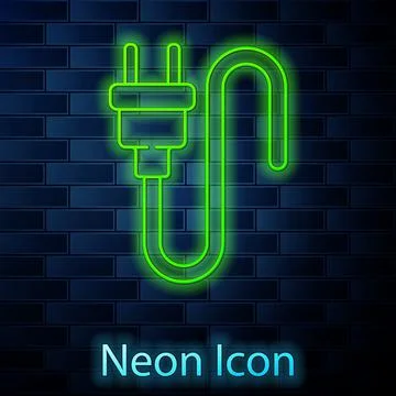 Glowing neon line Electric plug icon isolated on brick wall background. Concept Illustrazione stock