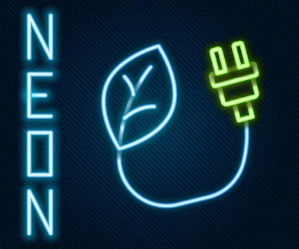Glowing neon line Electric saving plug in leaf icon isolated on black backgro Stock Illustration