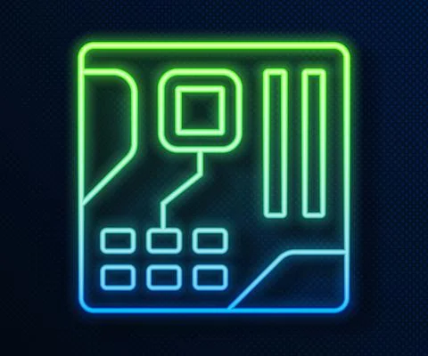 Glowing neon line Electronic computer components motherboard digital chip Stock Illustration