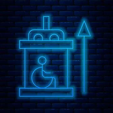 Glowing neon line Elevator for disabled icon isolated on brick wall background Stock Illustration